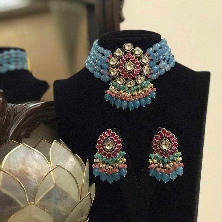 Ishhaara Aayushi In Drop Stone Multi Bead Choker Necklace Set