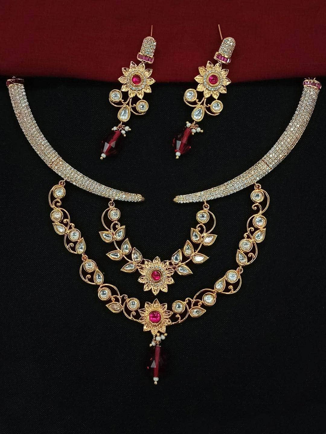 Ishhaara Ad Stone Kundan Leaf Necklace Set