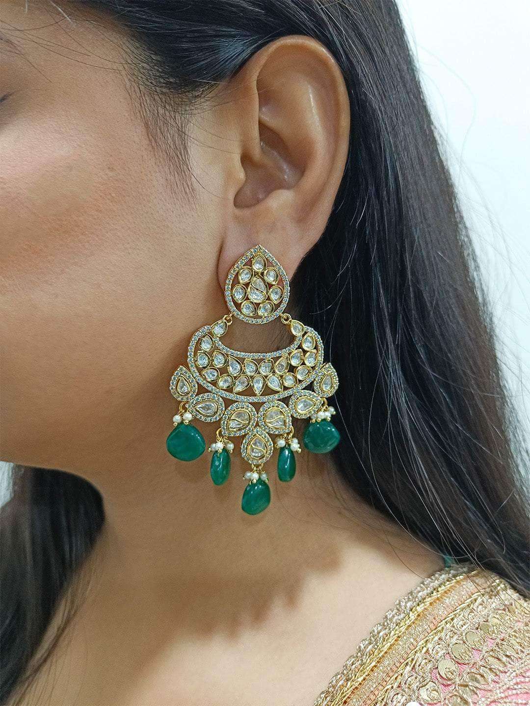 Ishhaara Antique Chandbali Polki Earrings Green