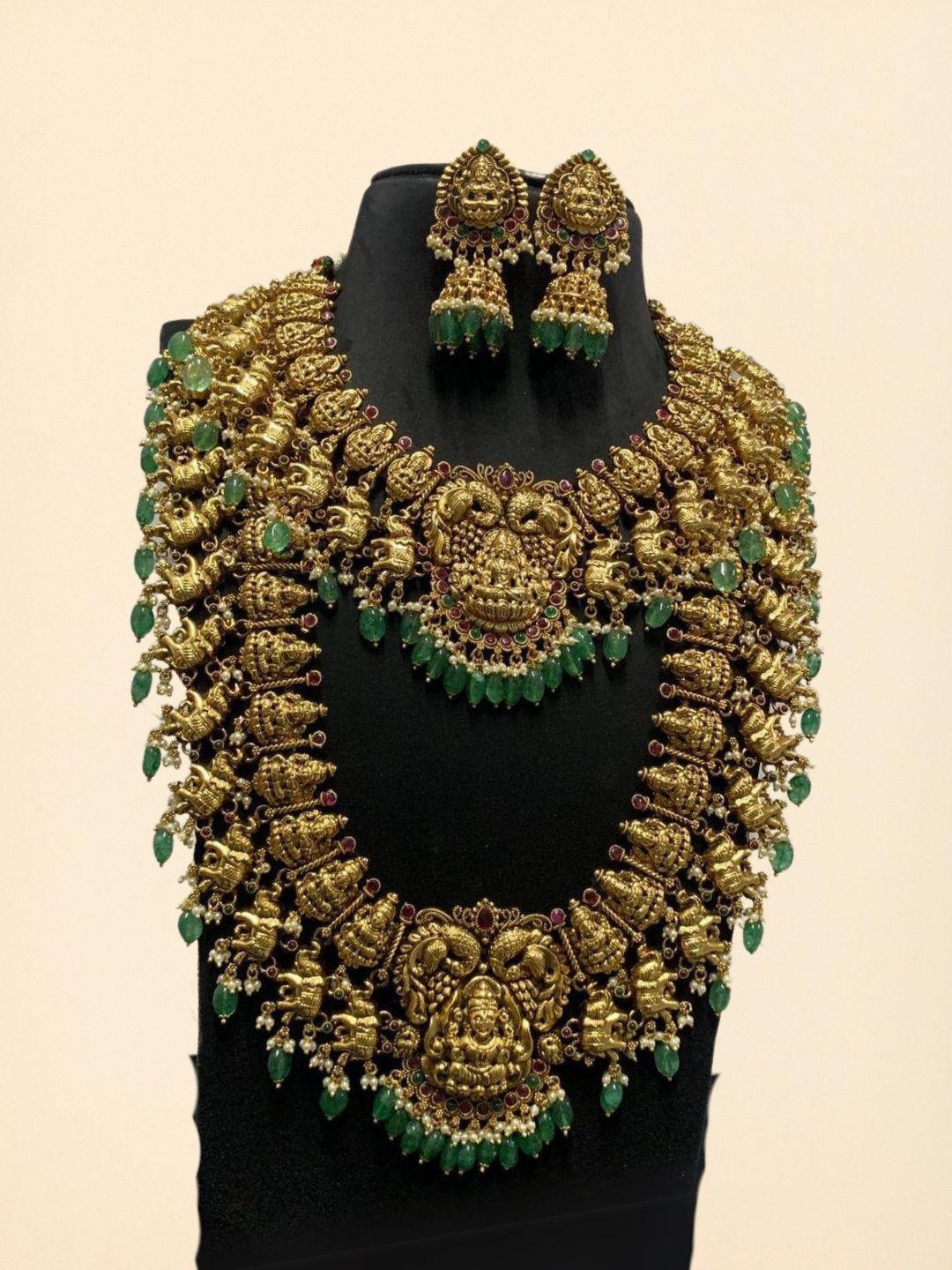 Antique Gold And Green Beads Studded Long And Short Necklace
