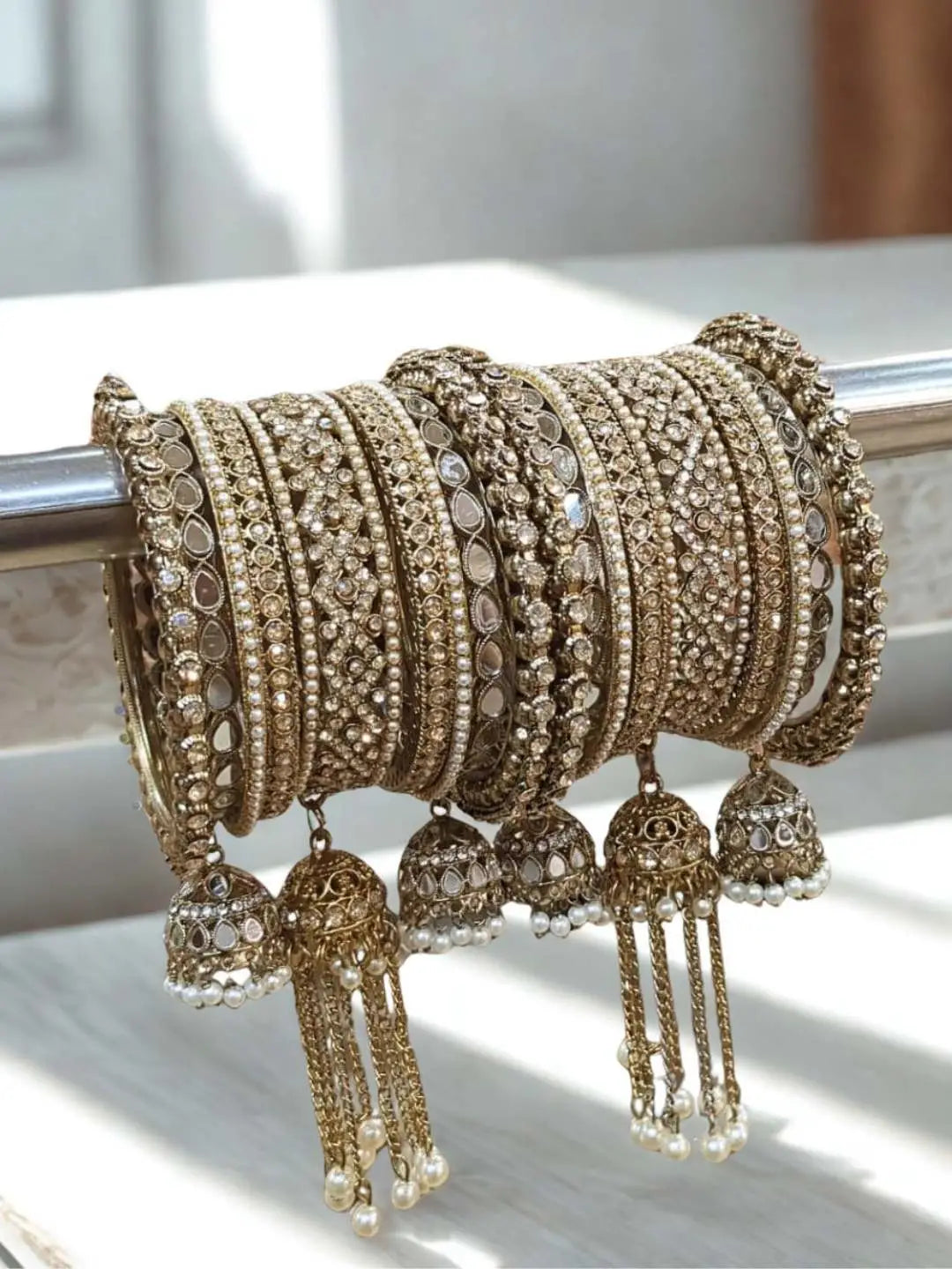 Antique Gold Kade With Jhumka Bangle Set