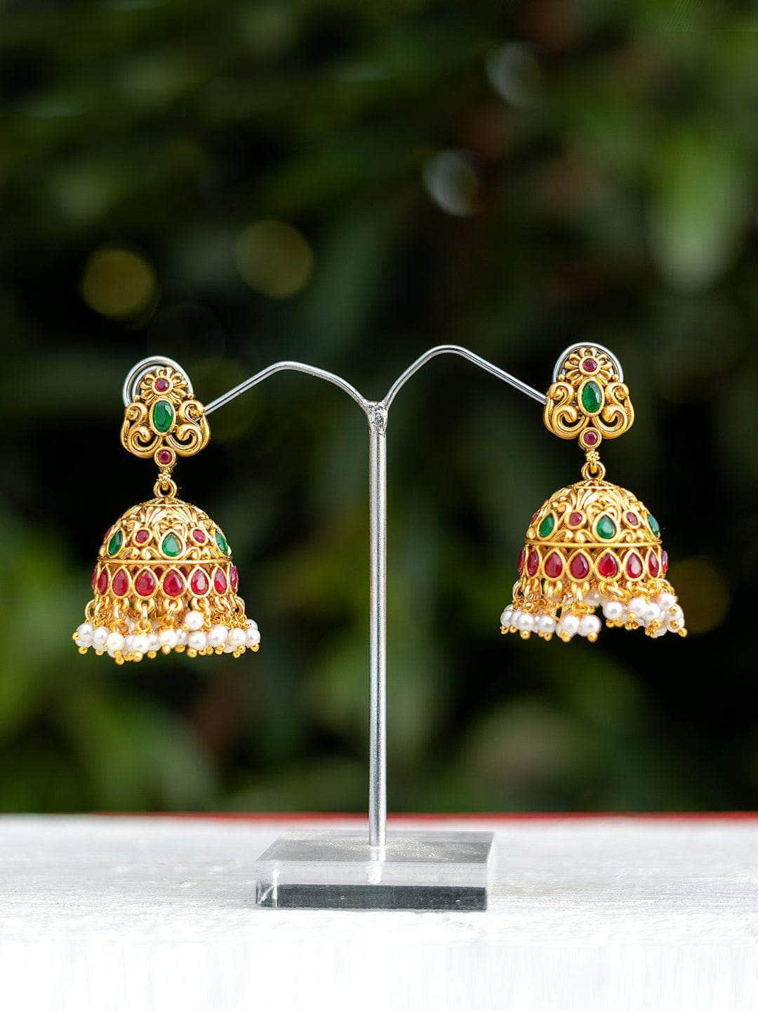 Ishhaara Antique Jhumkas With Kemp Stone And Pearl Hangings