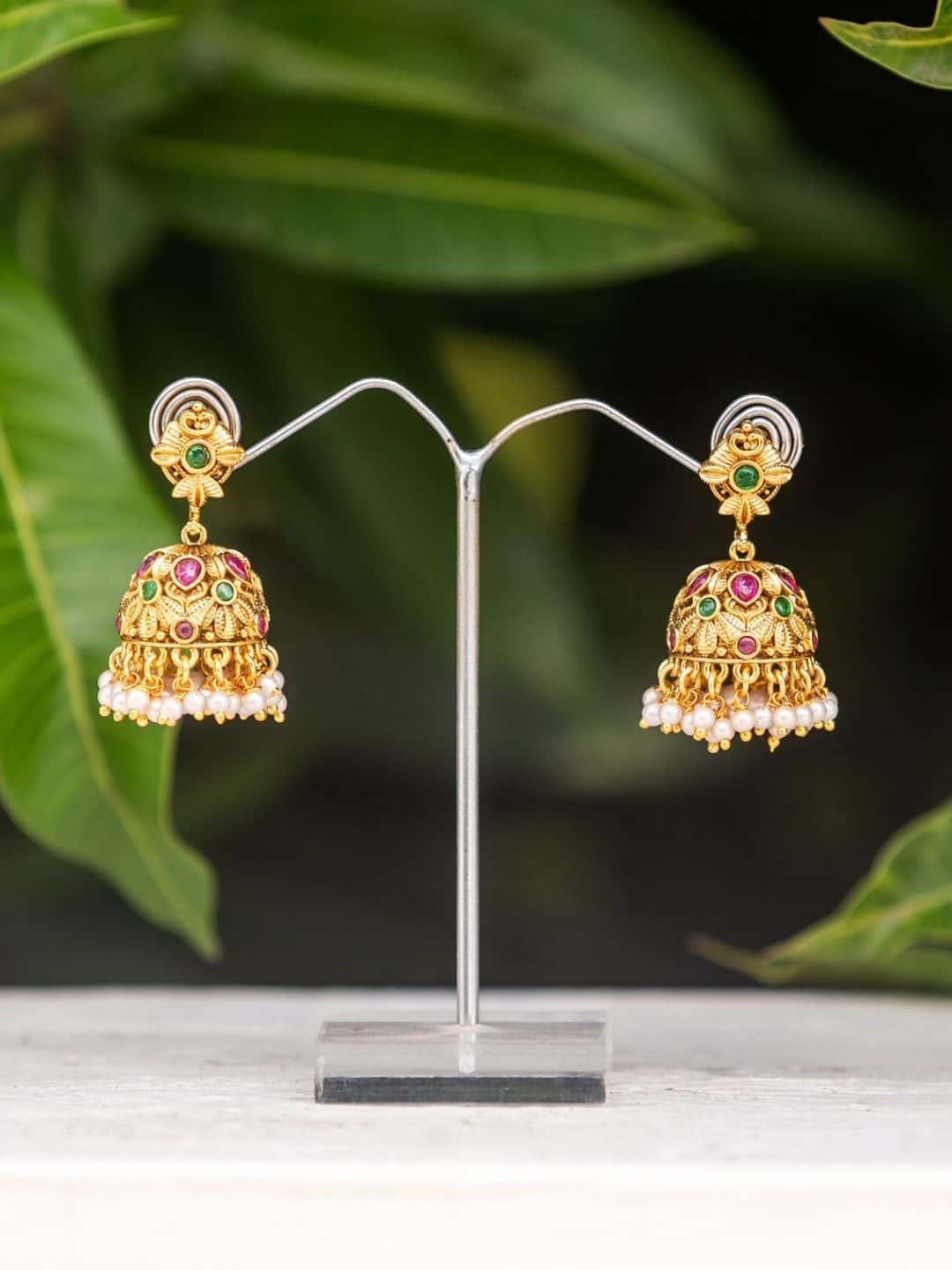 Ishhaara Antique Jhumkas With Kemp Stone And Pearls