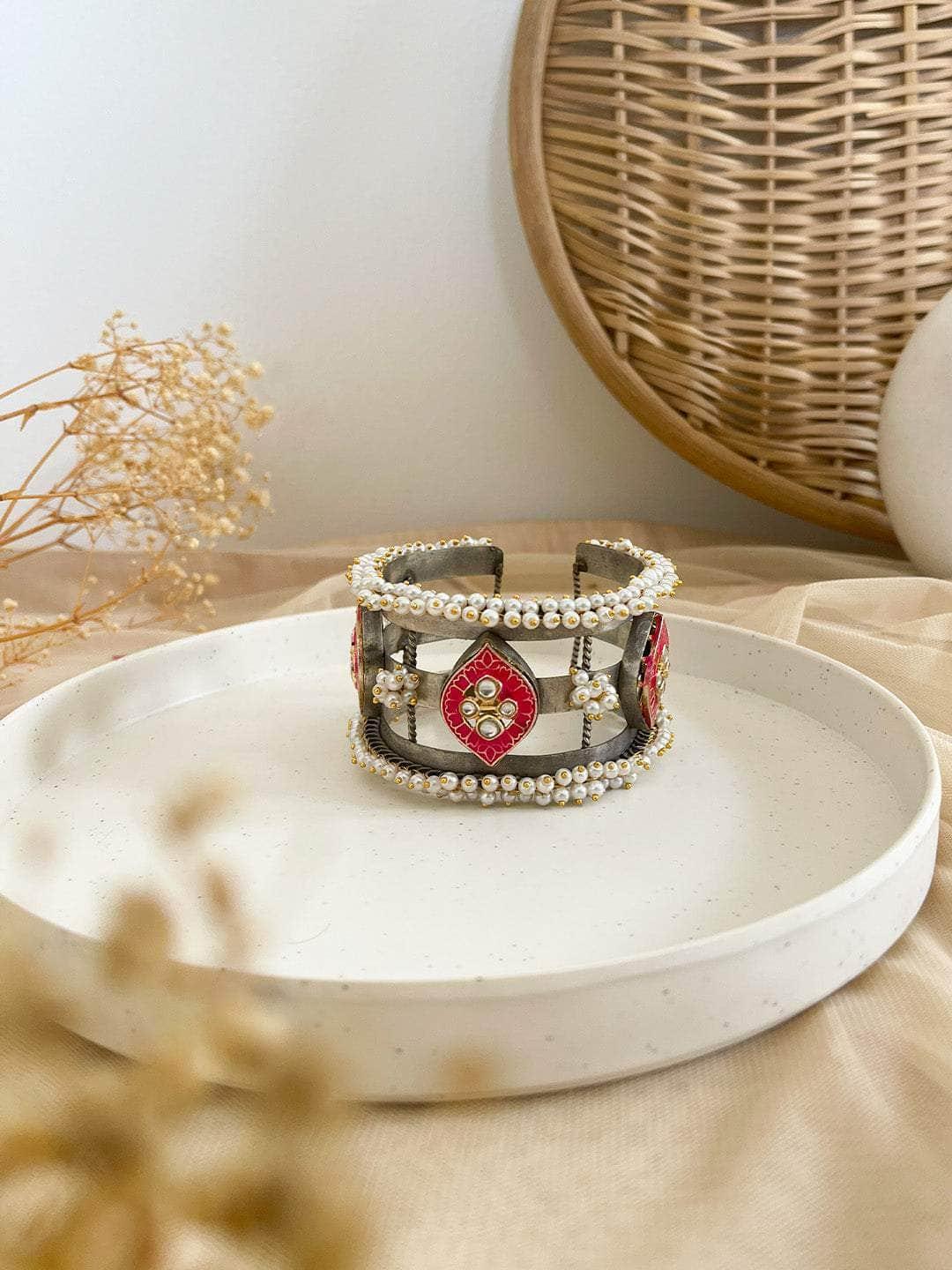 Ishhaara Baby Pink Oxidized Silver Kada