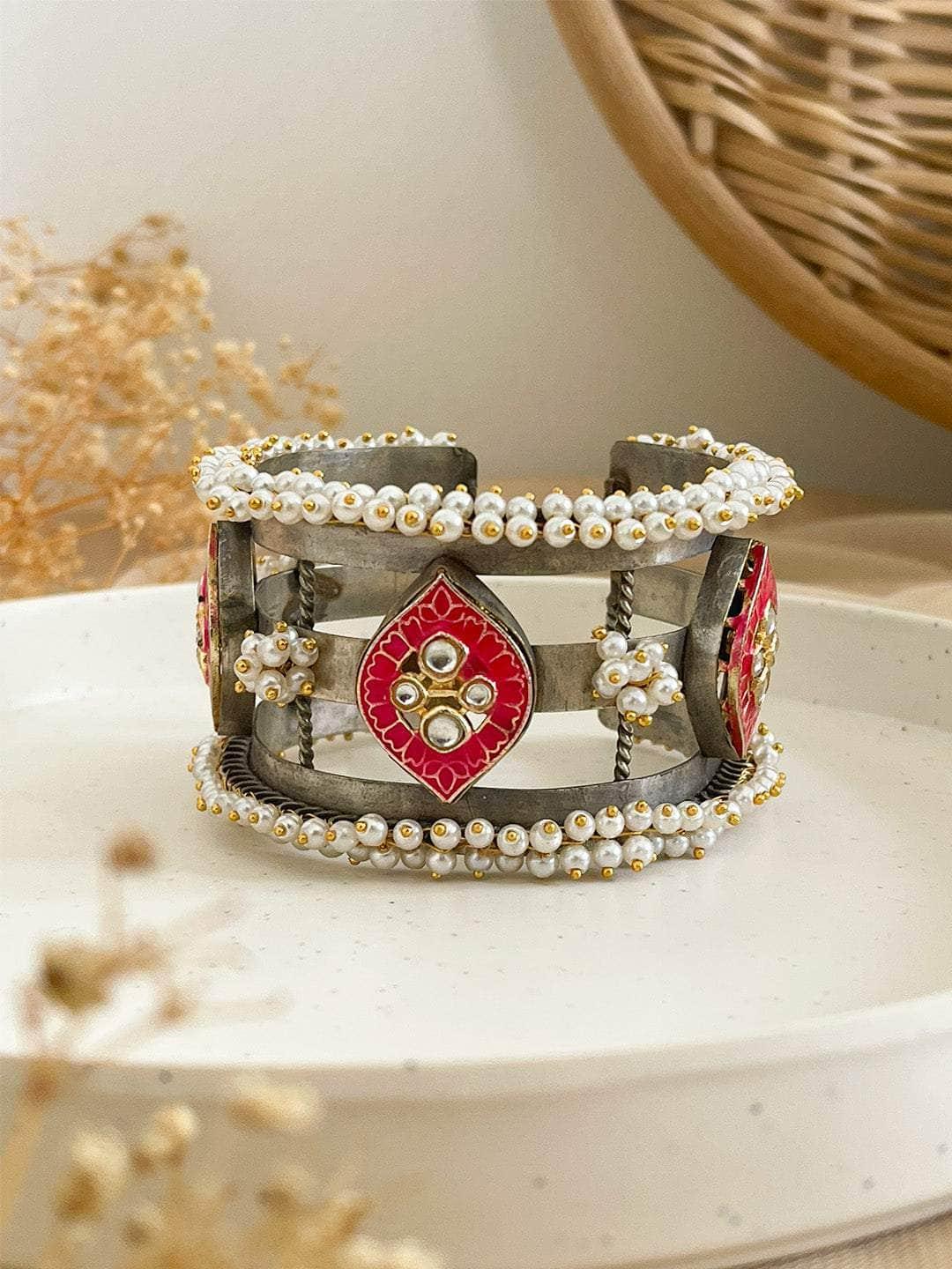 Ishhaara Baby Pink Oxidized Silver Kada