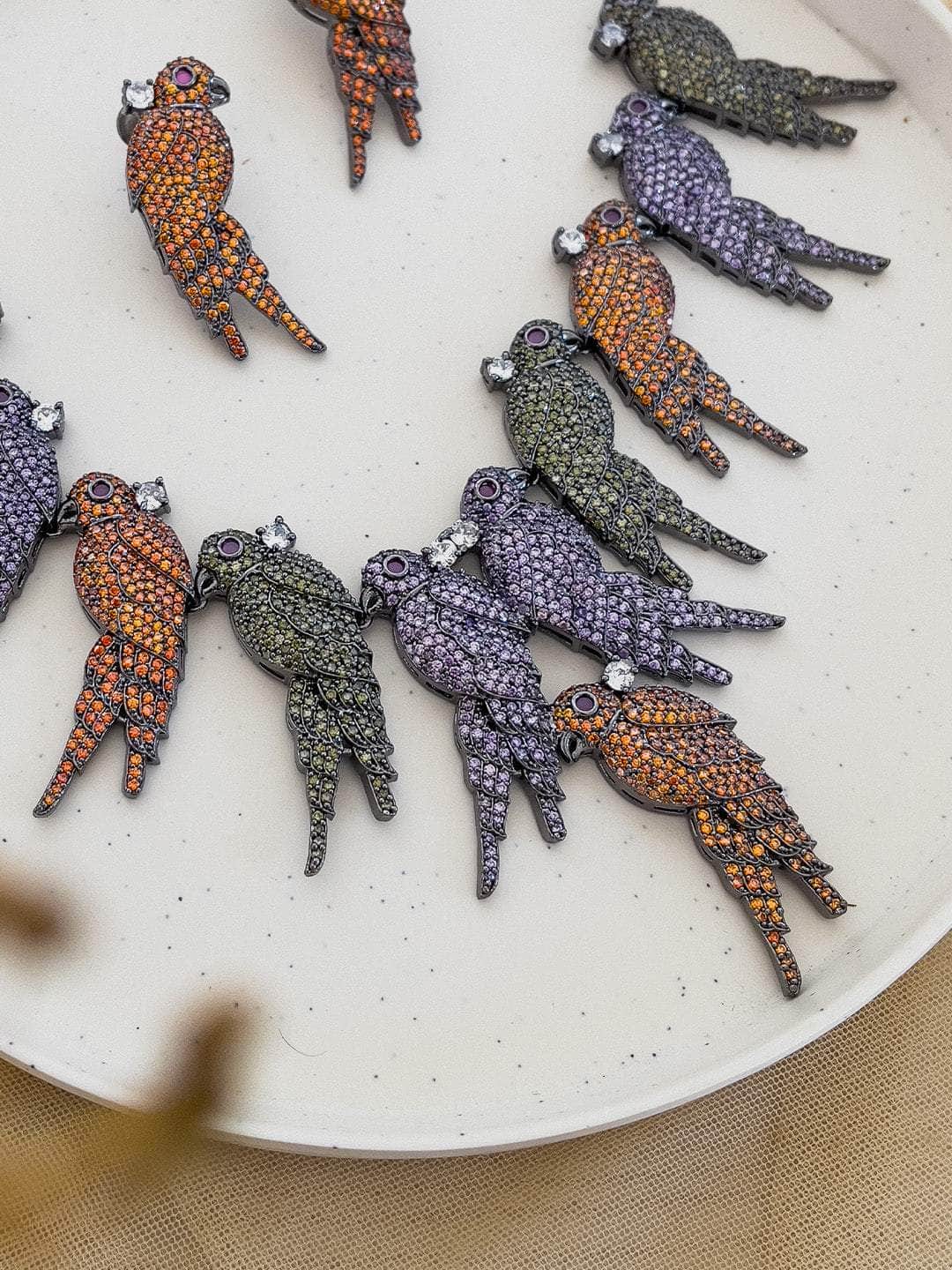 Ishhaara Orange Beaded Doctor Bird Pin Embroidered Choker