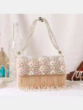 Ishhaara Beige Designer Embroidered Tassel Flap Clutch