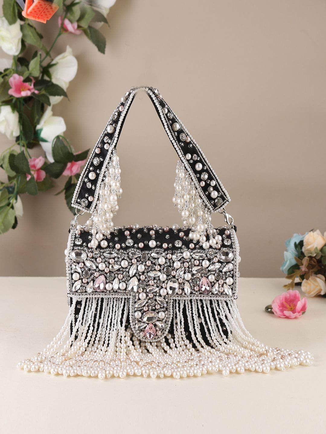 Designer Crystal And Pearl Work Flap Clutch1