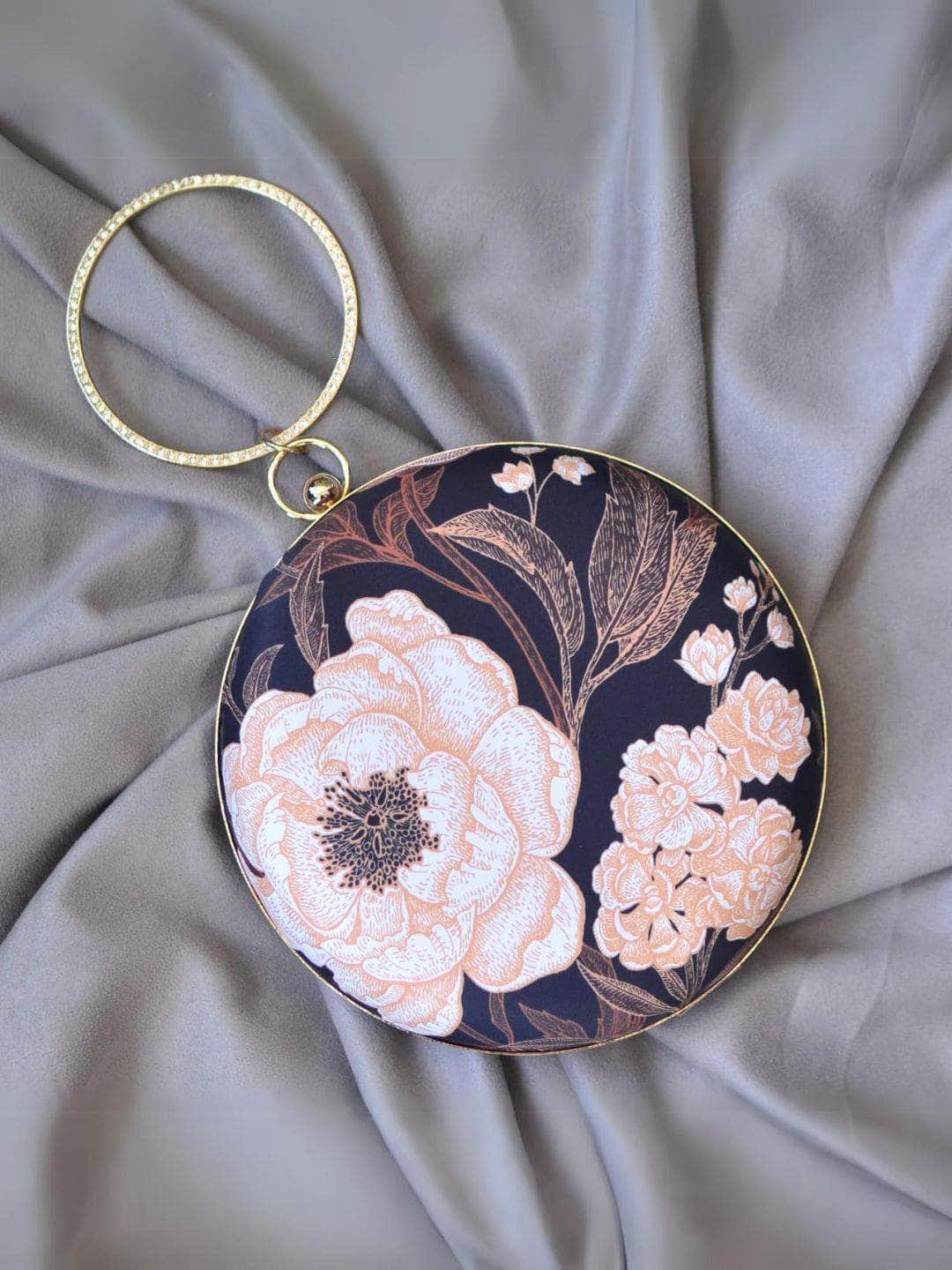 Ishhaara Black Floral Round Clutch