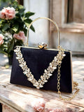 Ishhaara Black Stone Embellished Velvet Box Clutch