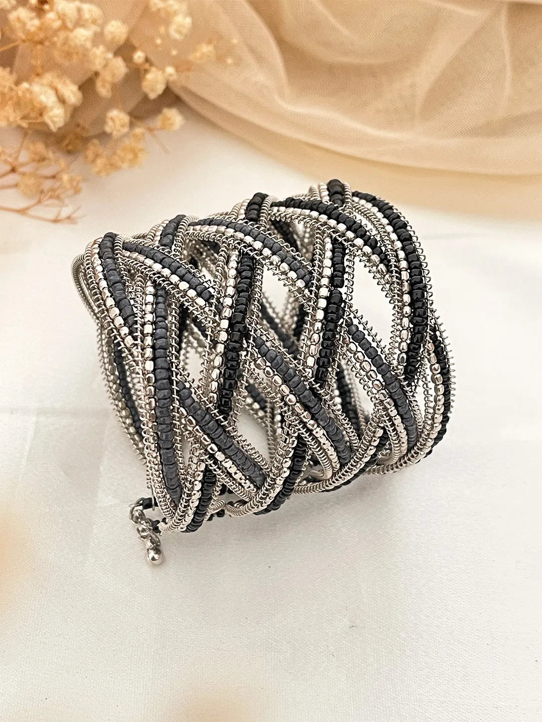 Ishhaara Black Vintage Beaded Cuff Bracelet