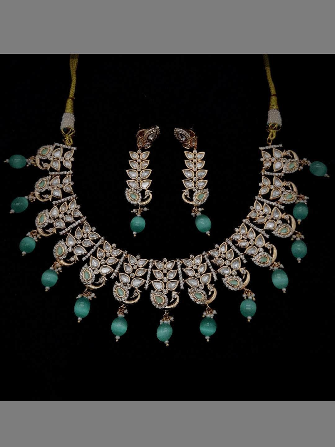 Ishhaara American Diamond Kundan Peacock Leaf Necklace Set