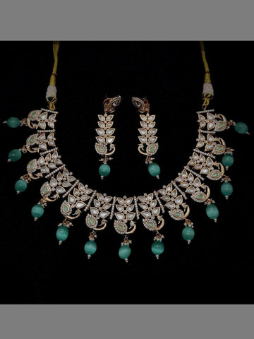 Ishhaara American Diamond Kundan Peacock Leaf Necklace Set