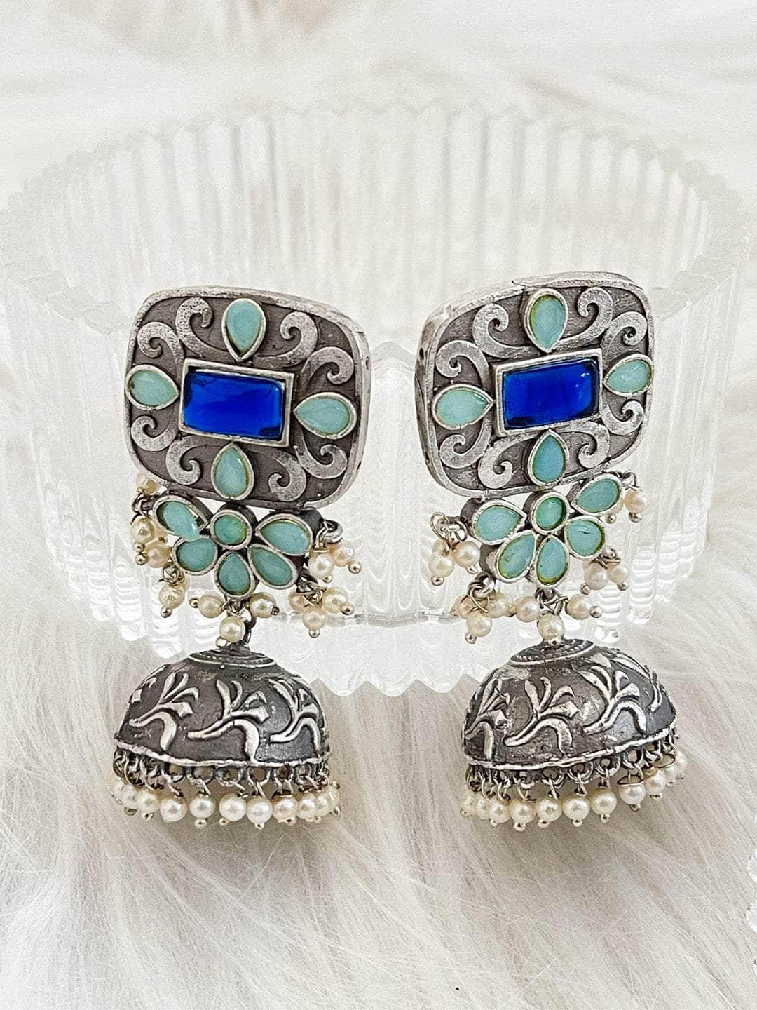 Ishhaara Blue Antique Traditional Jhumka Earrings
