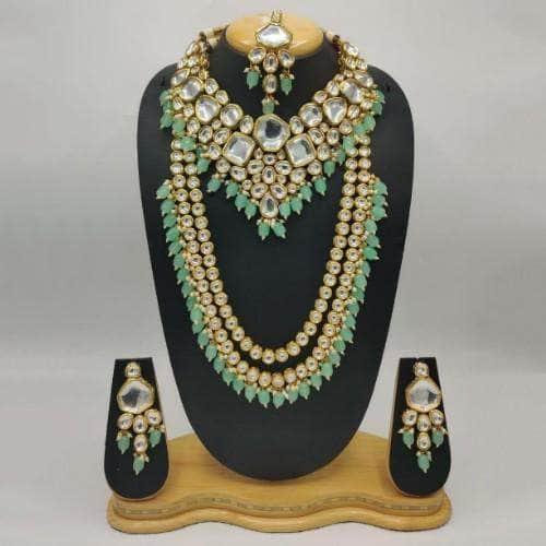 Ishhaara Big Kundan Long And Short Necklace Earring And Teeka Set