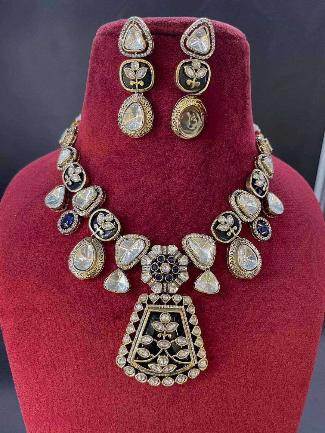 Ishhaara Black Rhodium Finish Kundan Polki Necklace Set