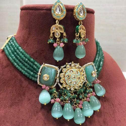 Ishhaara Blue Center Flower Choker Semi Precious Choker Set