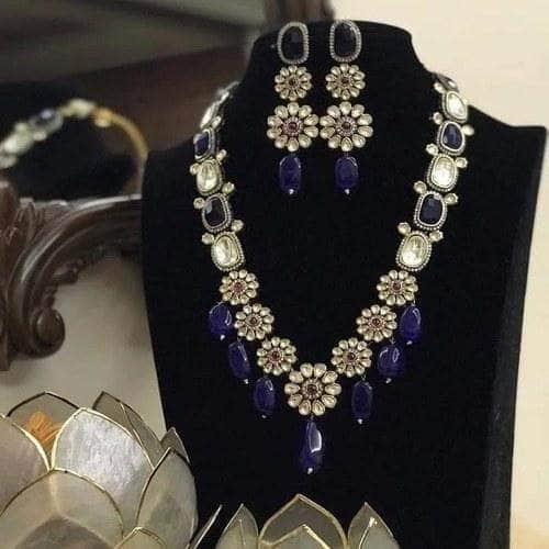 Ishhaara Blue Color Precious Stone Flower Motif
