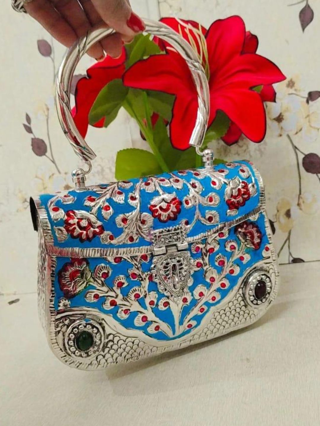 Ishhaara Blue Colored Exclusive Meenakari Clutch With Handle