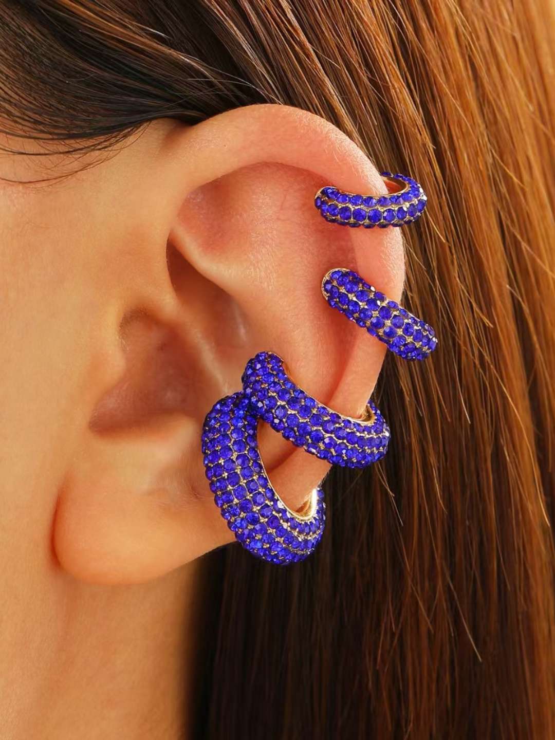 Ishhaara Blue Combo Of Four Chunky Pave Hoop Earcuff