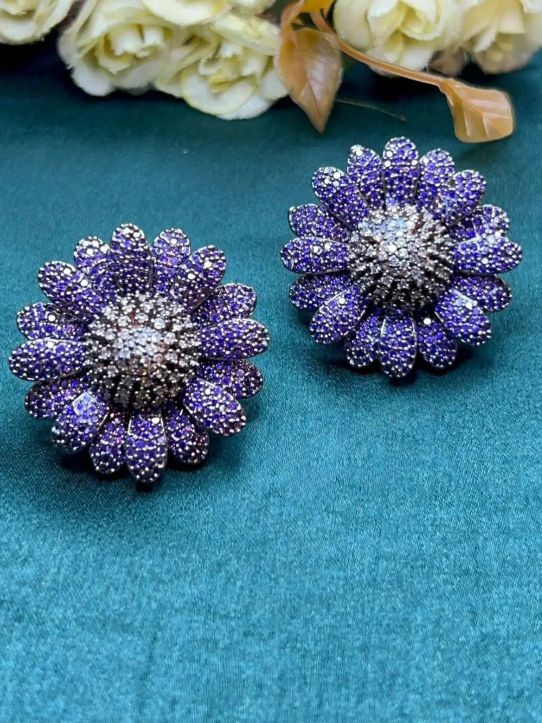 Ishhaara Blue Cubic Zirconia Sun Flower Earrings