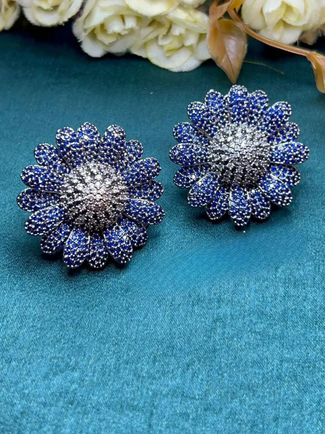 Ishhaara Blue Cubic Zirconia Sun Flower Earrings