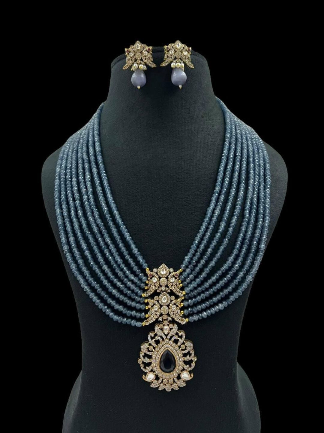 Ishhaara Blue Designer Long Polki Kundan Pendant Necklace Set
