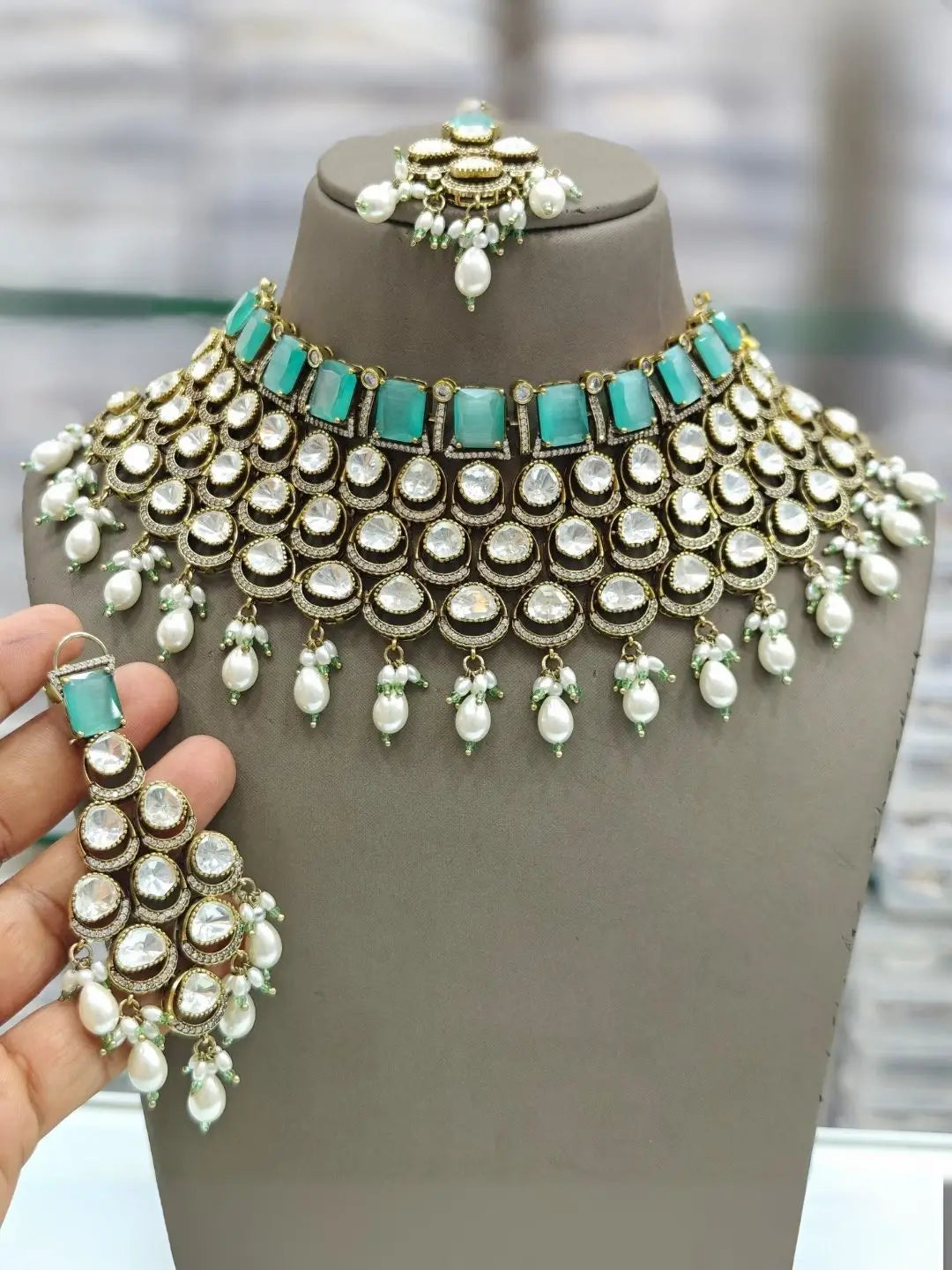 Ishhaara Pink Gold Plated Polki Kundan Stone And Pearl Choker Necklace Set