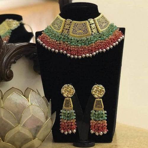 Ishhaara Golden Stencil Meena Multi Layered Coral Set