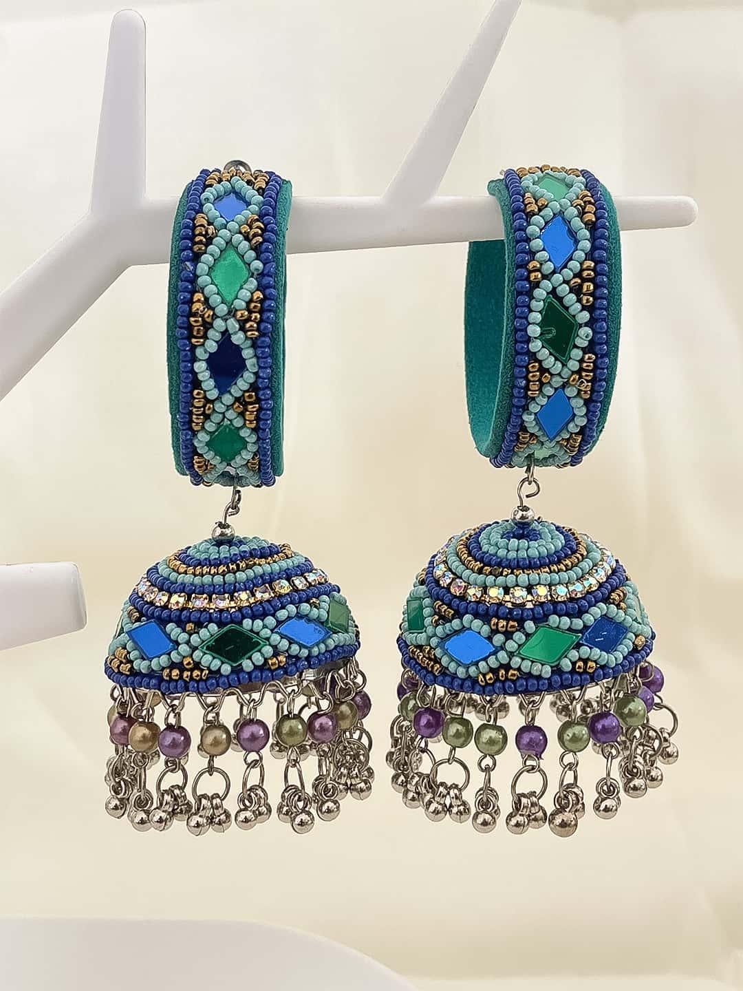 Ishhaara Blue Mirror Beaded Jhumka Earrings