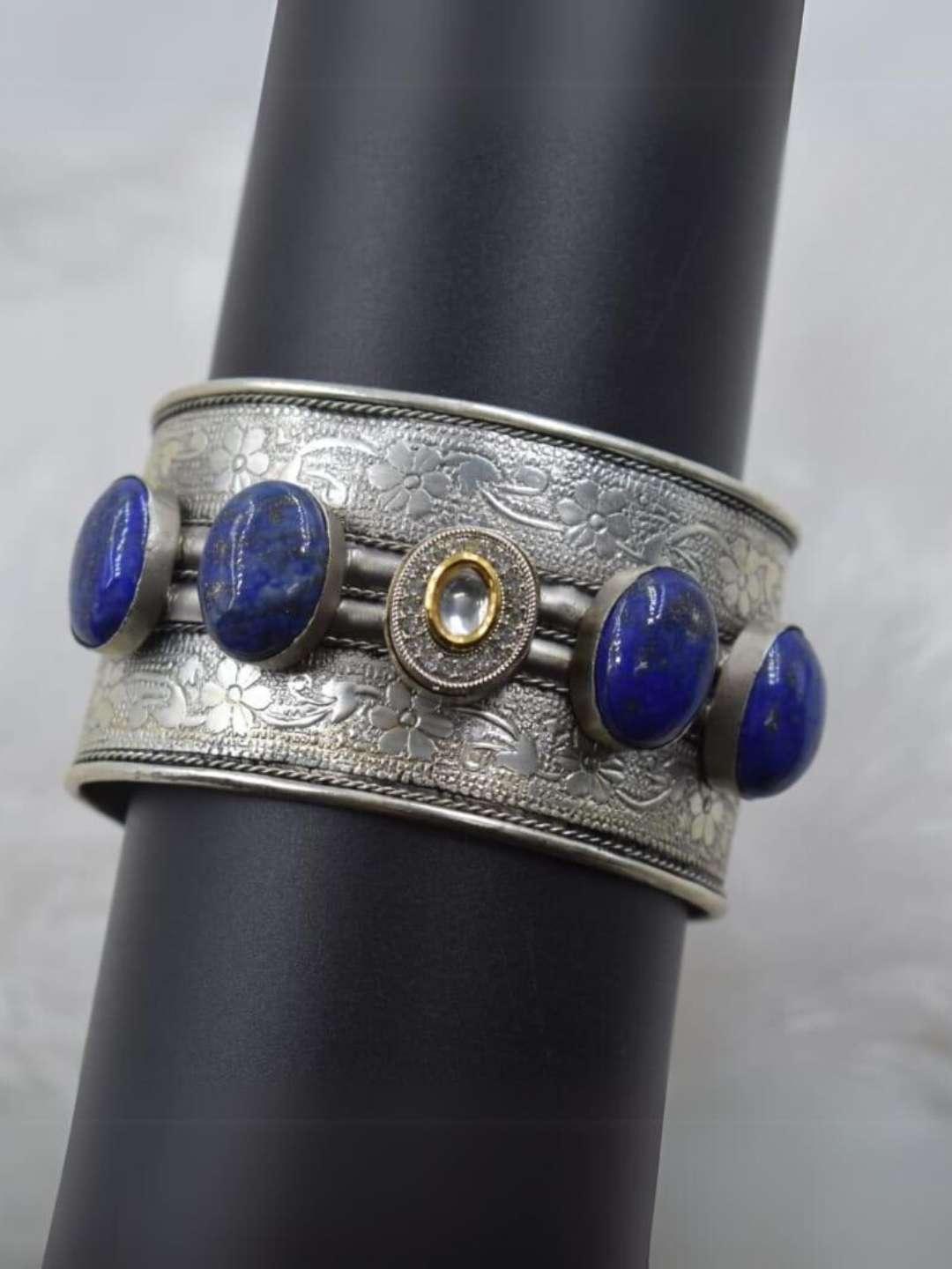 Ishhaara Light Blue Vintage Oval Kundan Studded Oxidised Cuff Bangle