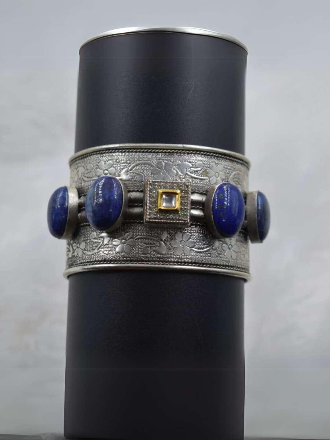 Ishhaara Grey Vintage Square Kundan Studded Oxidised Cuff Bangle