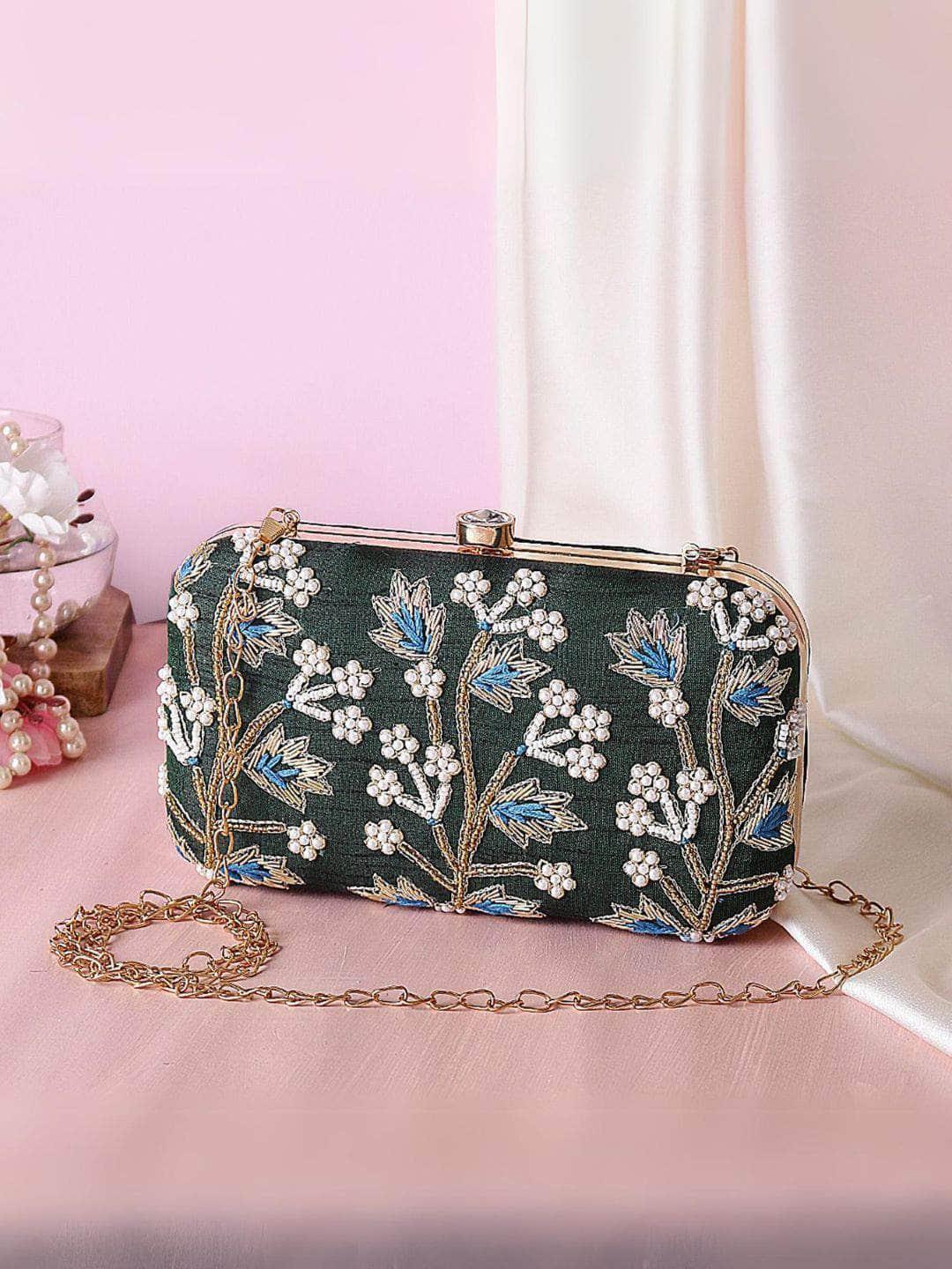 Ishhaara Breathtaking Bottle Green Embrioded Clutch