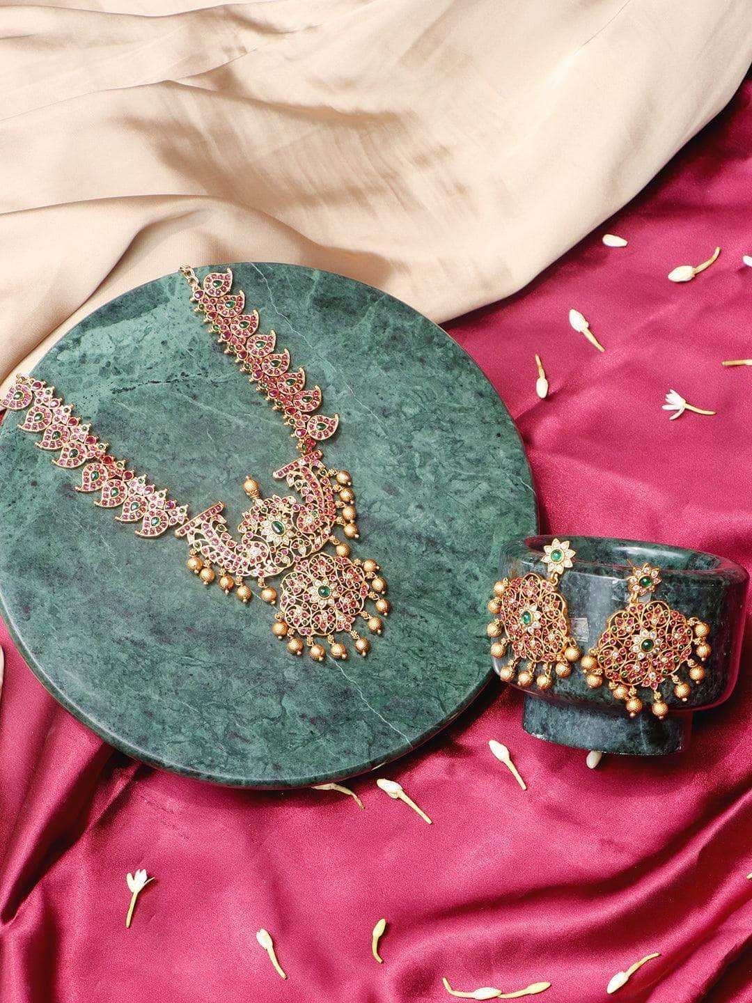 Ishhaara Bridal Red And Green Mango Design Necklace Set