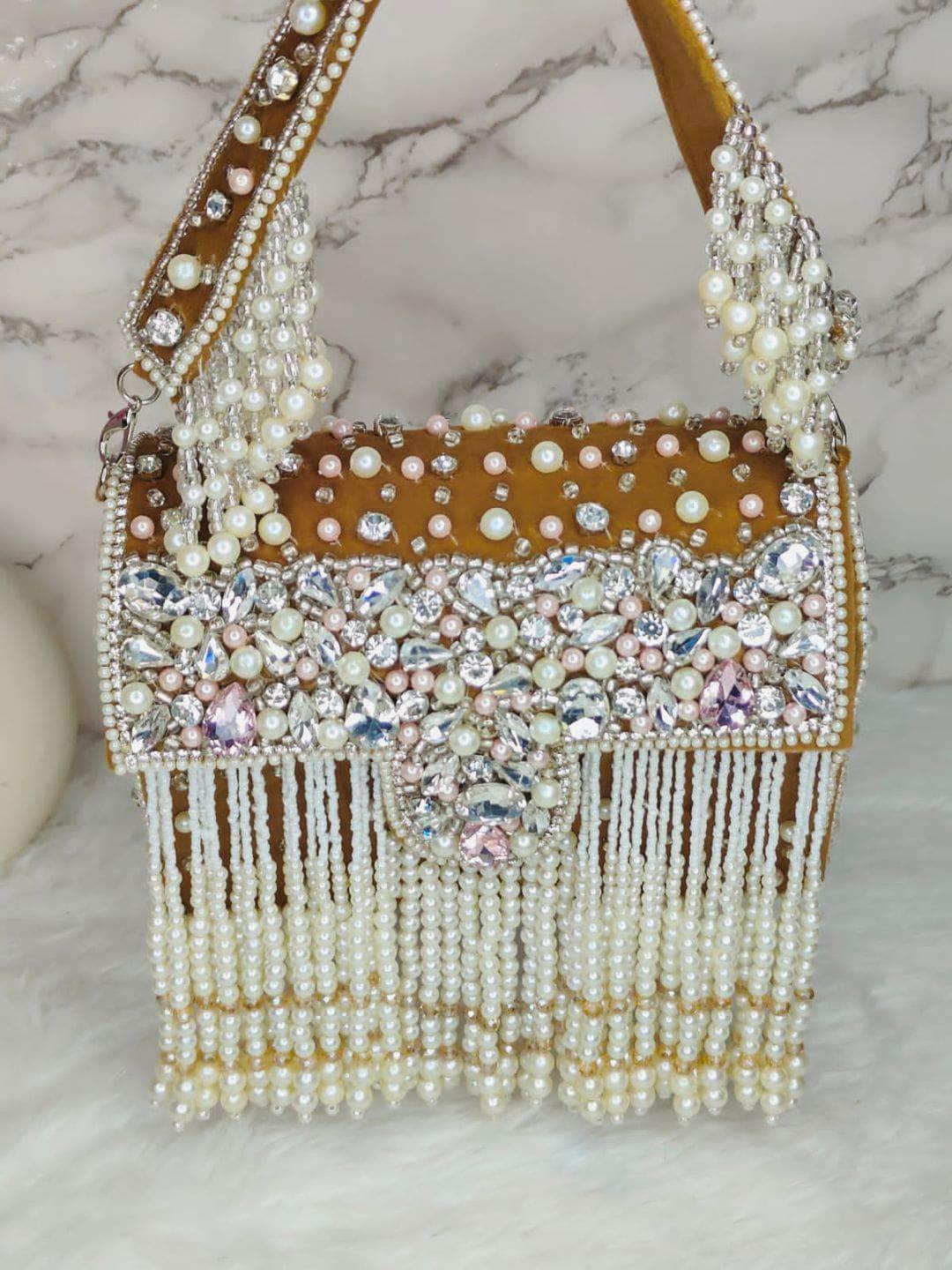 Ishhaara Designer Crystal And Pearl Work Flap Clutch