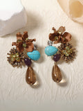 Ishhaara Brown Vintage Floral Crystal Embellished Teardrop Dangle Earrings