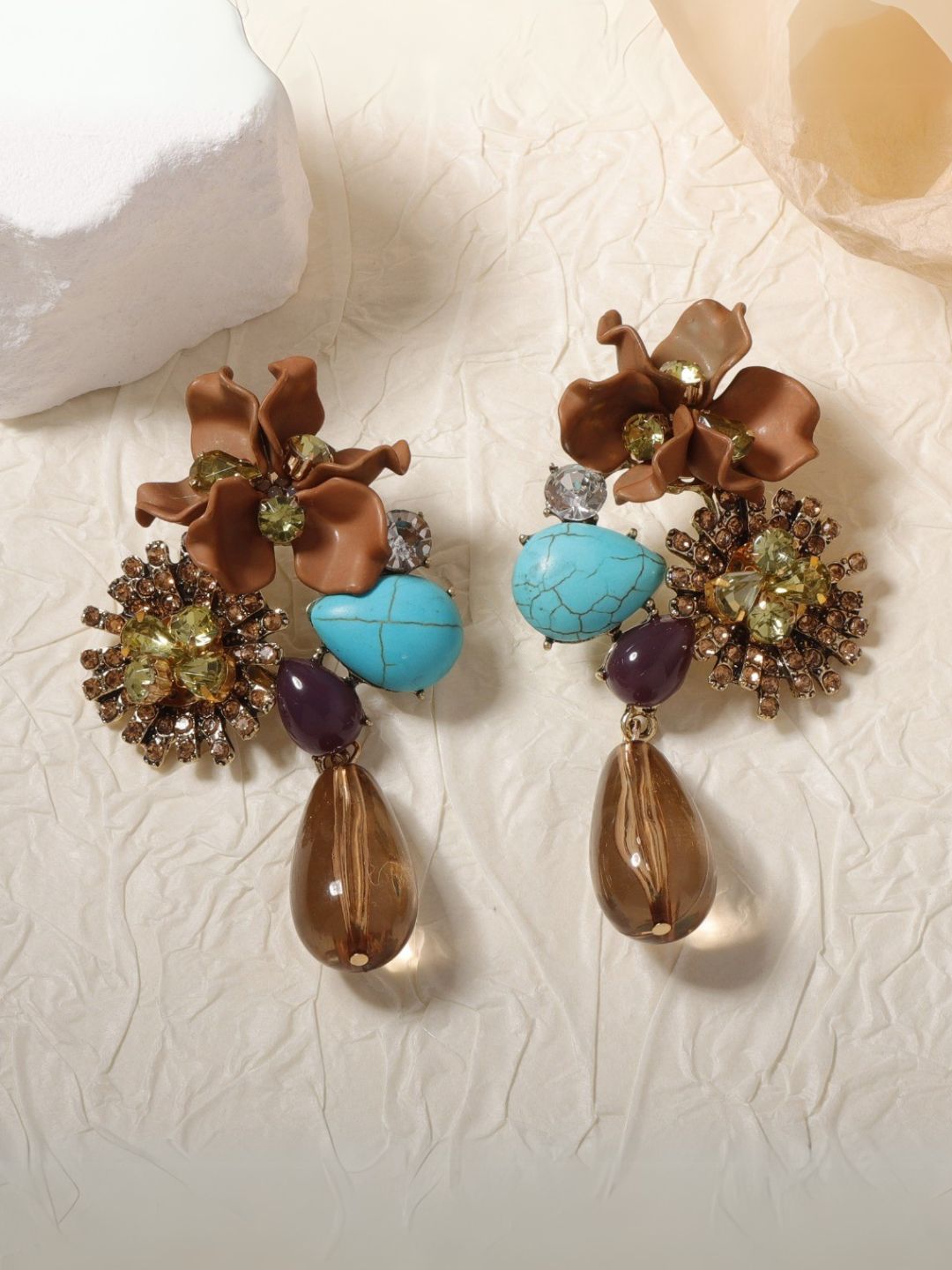 Ishhaara Brown Vintage Floral Crystal Embellished Teardrop Dangle Earrings