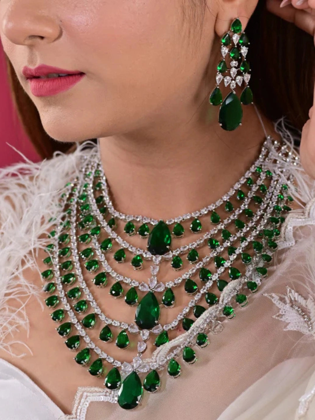 Ishhaara Green Charming Diamond Bridal Layered Necklace Set
