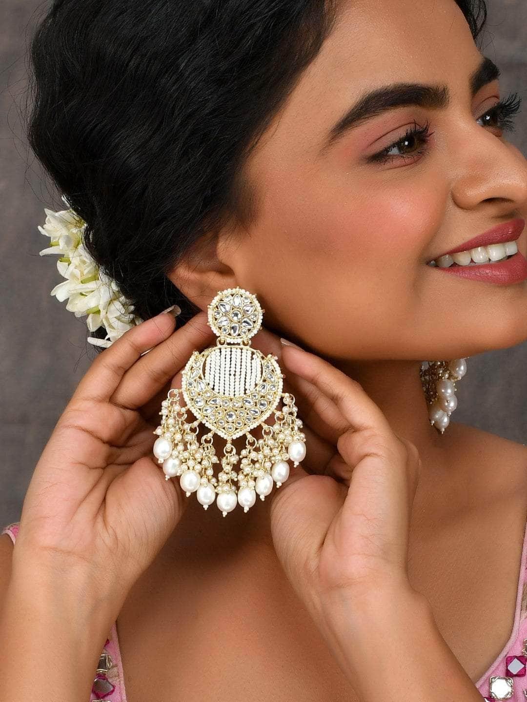 Ishhaara Creamy White Chandbali Kundan Pearl Earrings