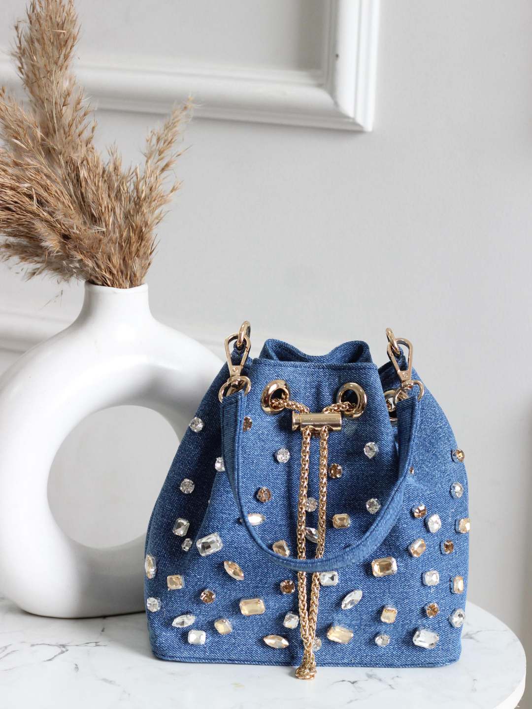 Ishhaara Dark Blue Crystal Denim Bucket Bags