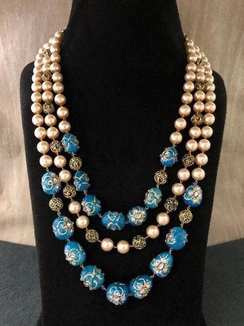 Ishhaara Triple Layered Pearl Precious Stone Necklace