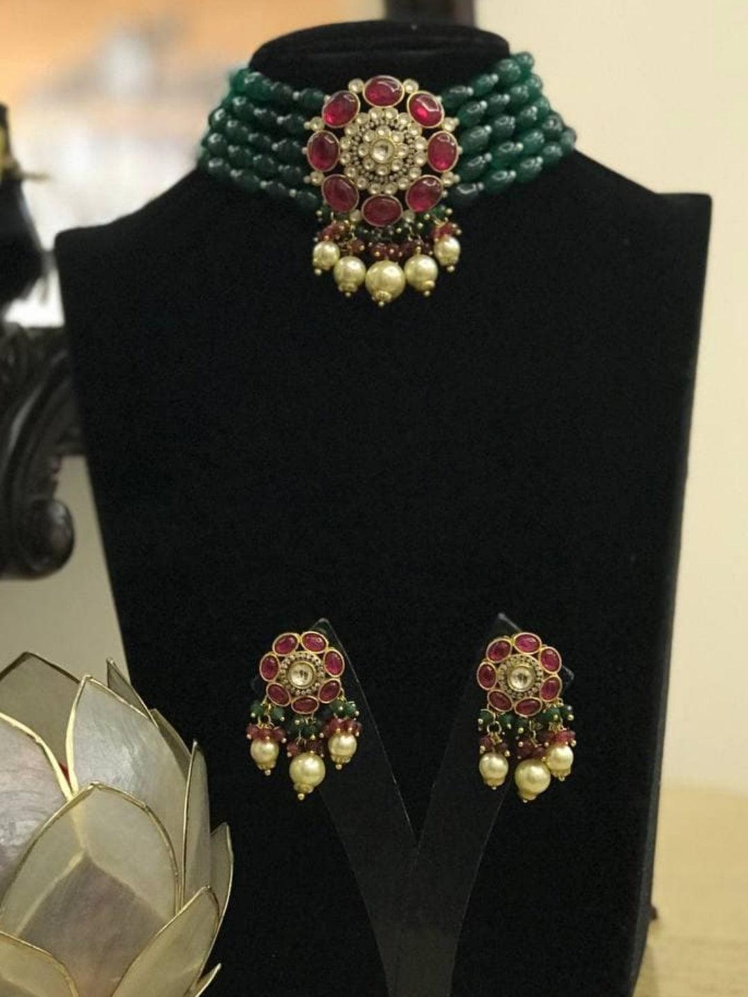 Ishhaara Dark Green Tina Dhanak In Precious Choker Beaded Necklace Set