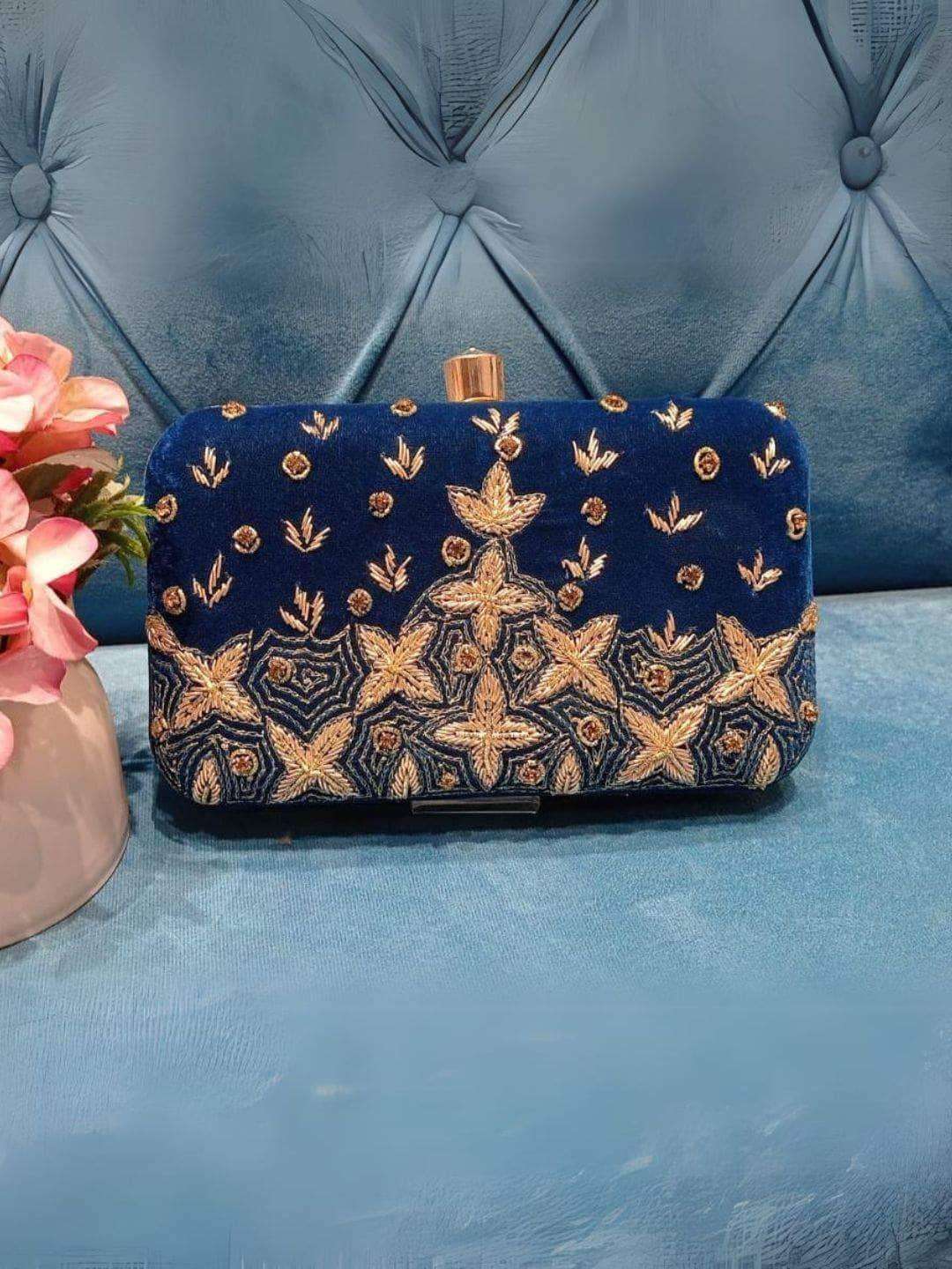 Ishhaara Deep Blue Sequins And Zari Embroidery Clutch