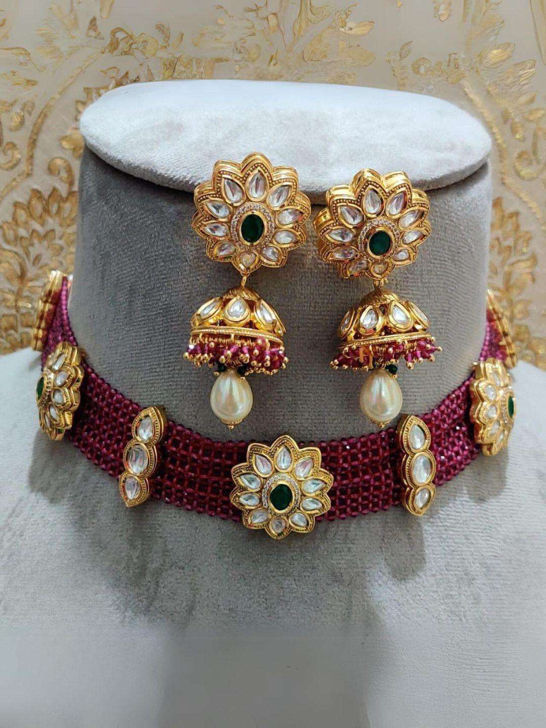 Ishhaara Designer Gold Plated Royal Kundan & Ruby Necklace With Earrings