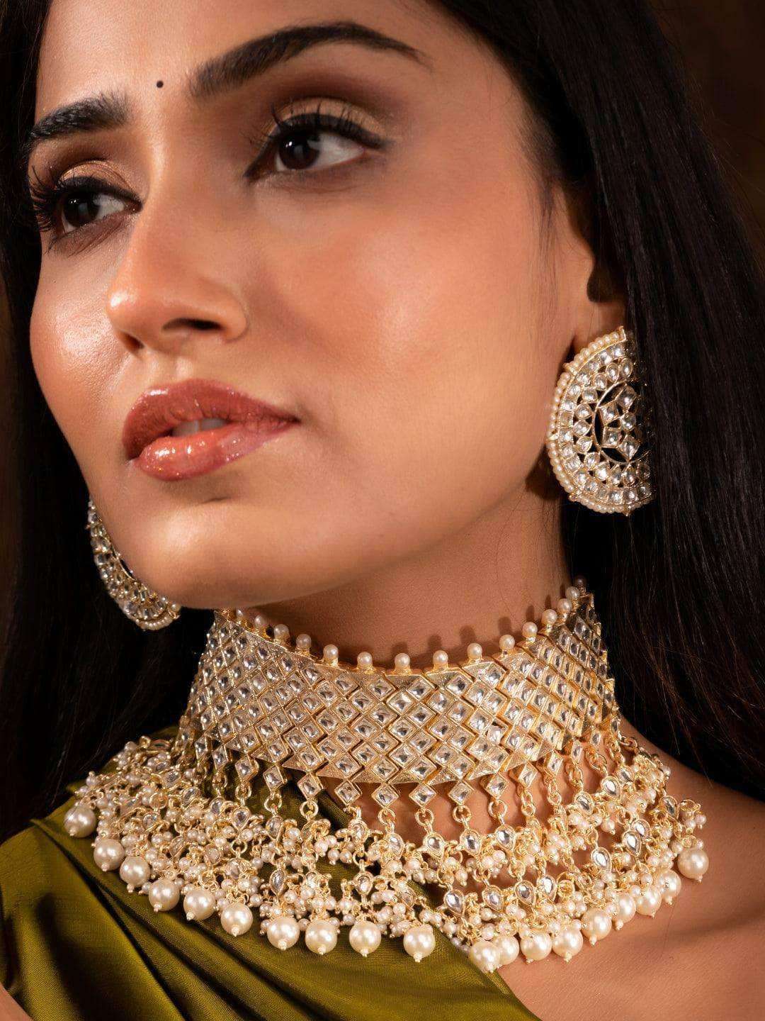 Ishhaara Diamond Stone Choker With Pearl Tassels