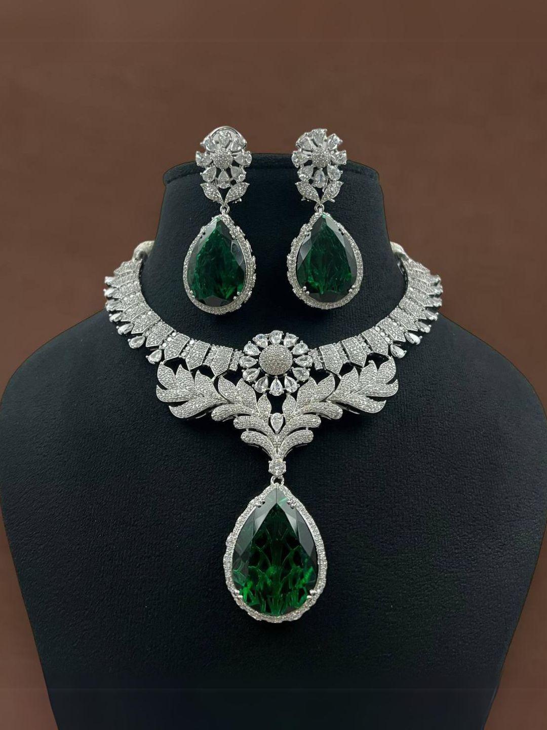 Ishhaara Diamondesque Cluster Emerald Pendant Necklace And Earrings Set