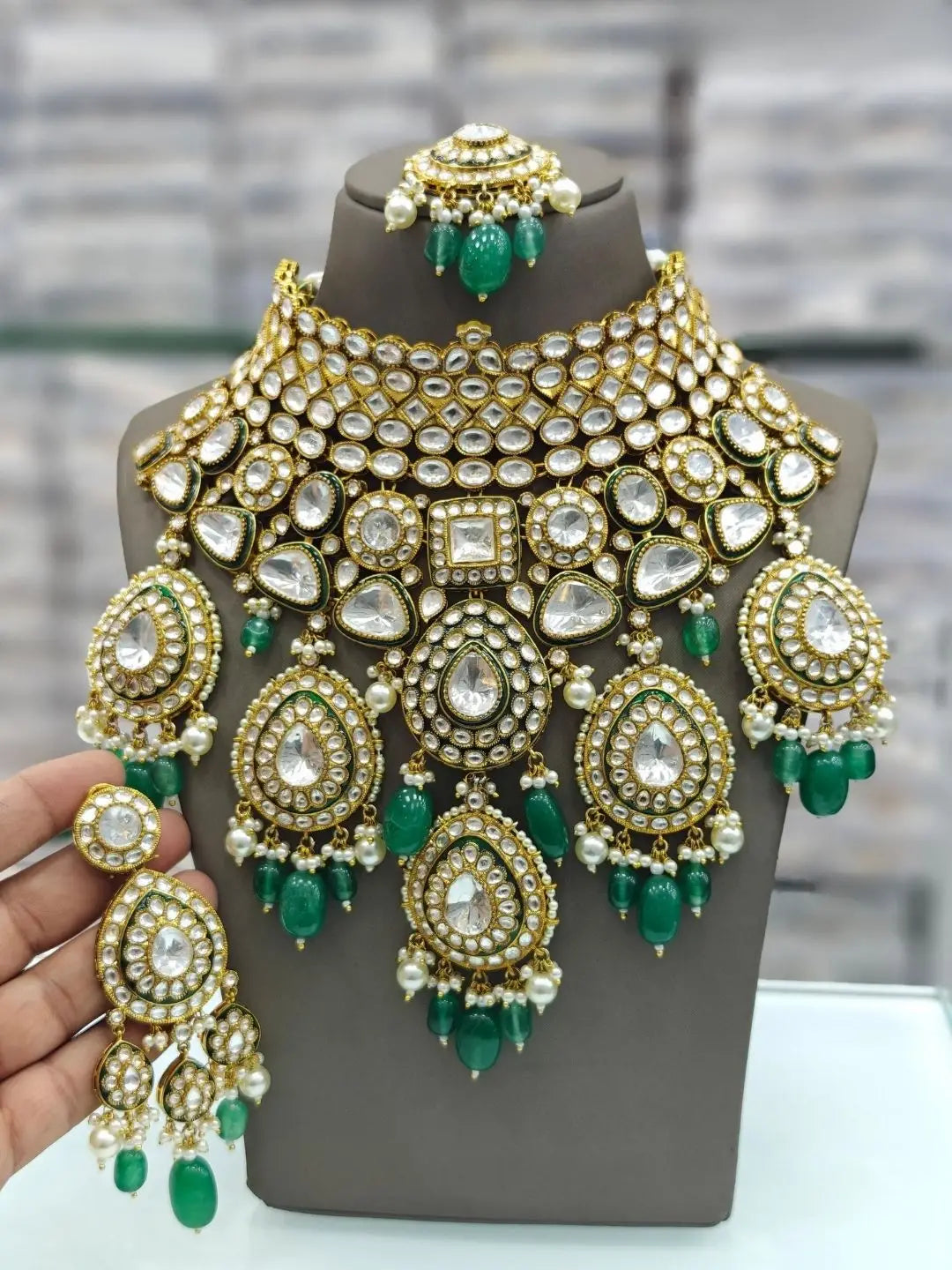 Ishhaara Emerald Meenakari Uncut Polki Designer Bridal Set