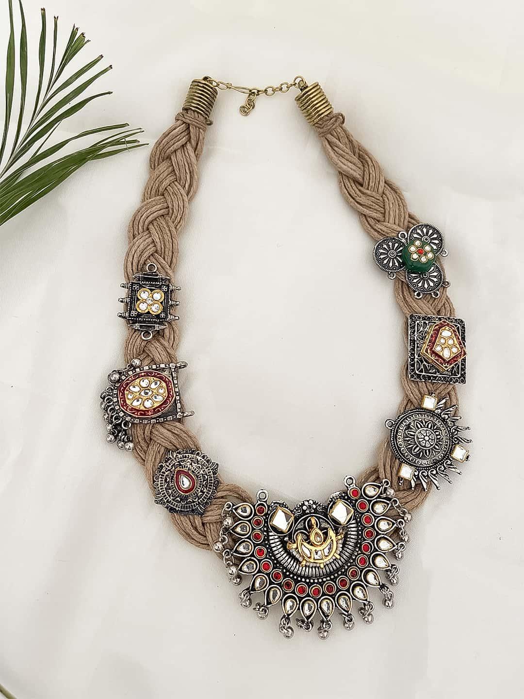 Ishhaara Ethnic Jute Thread Oxidised Silver Antique Afghani Traditional Necklace Choker