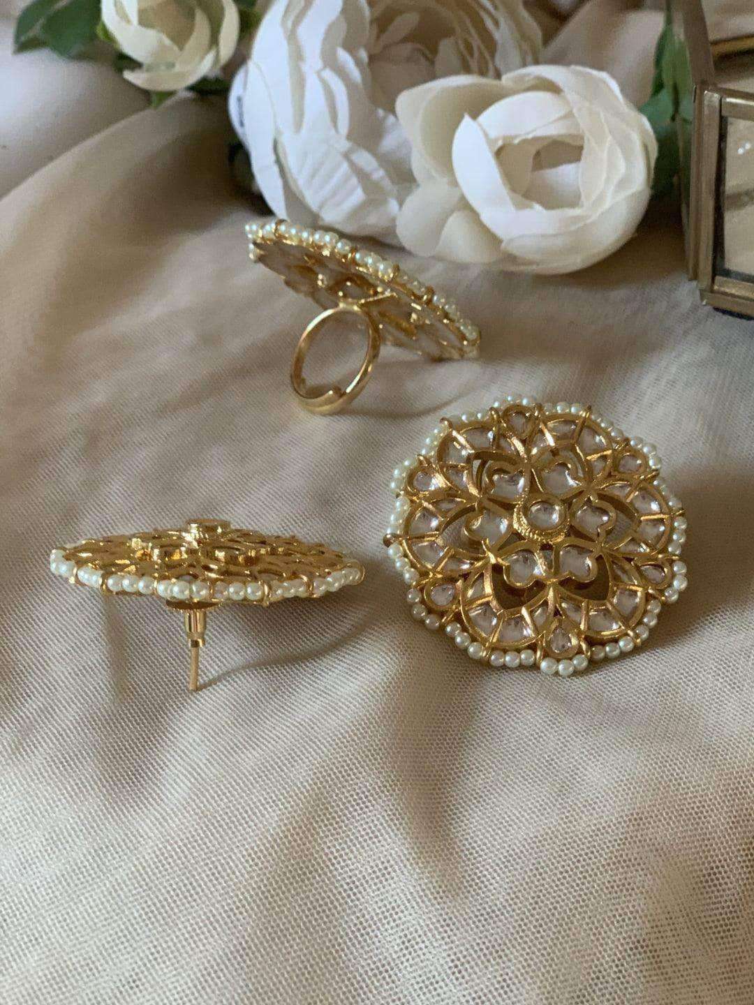 Ishhaara Flower Polki Kundan Studs And Ring