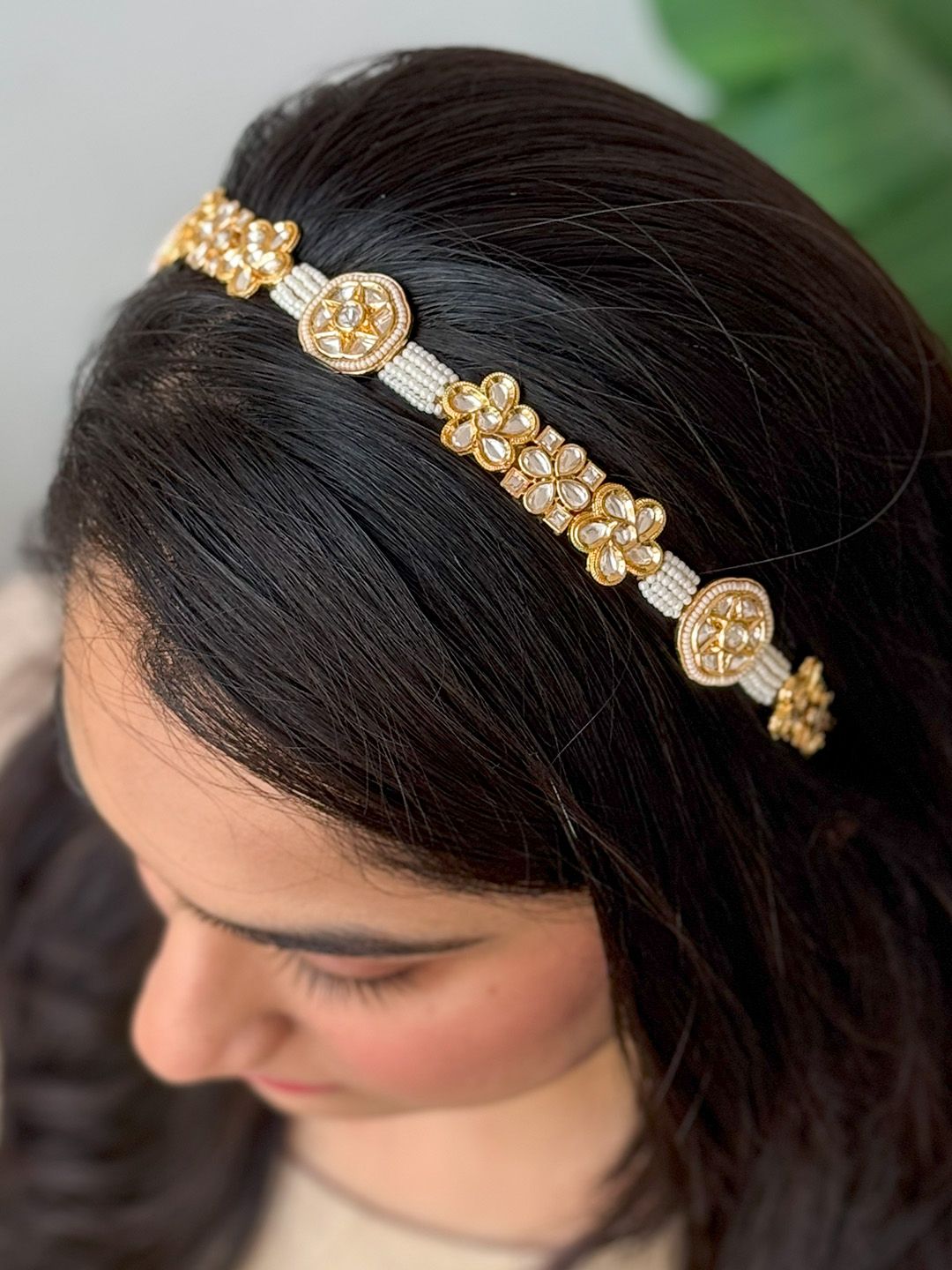 Ishhaara Flower Shaped Polki Kundan Studded Hairband